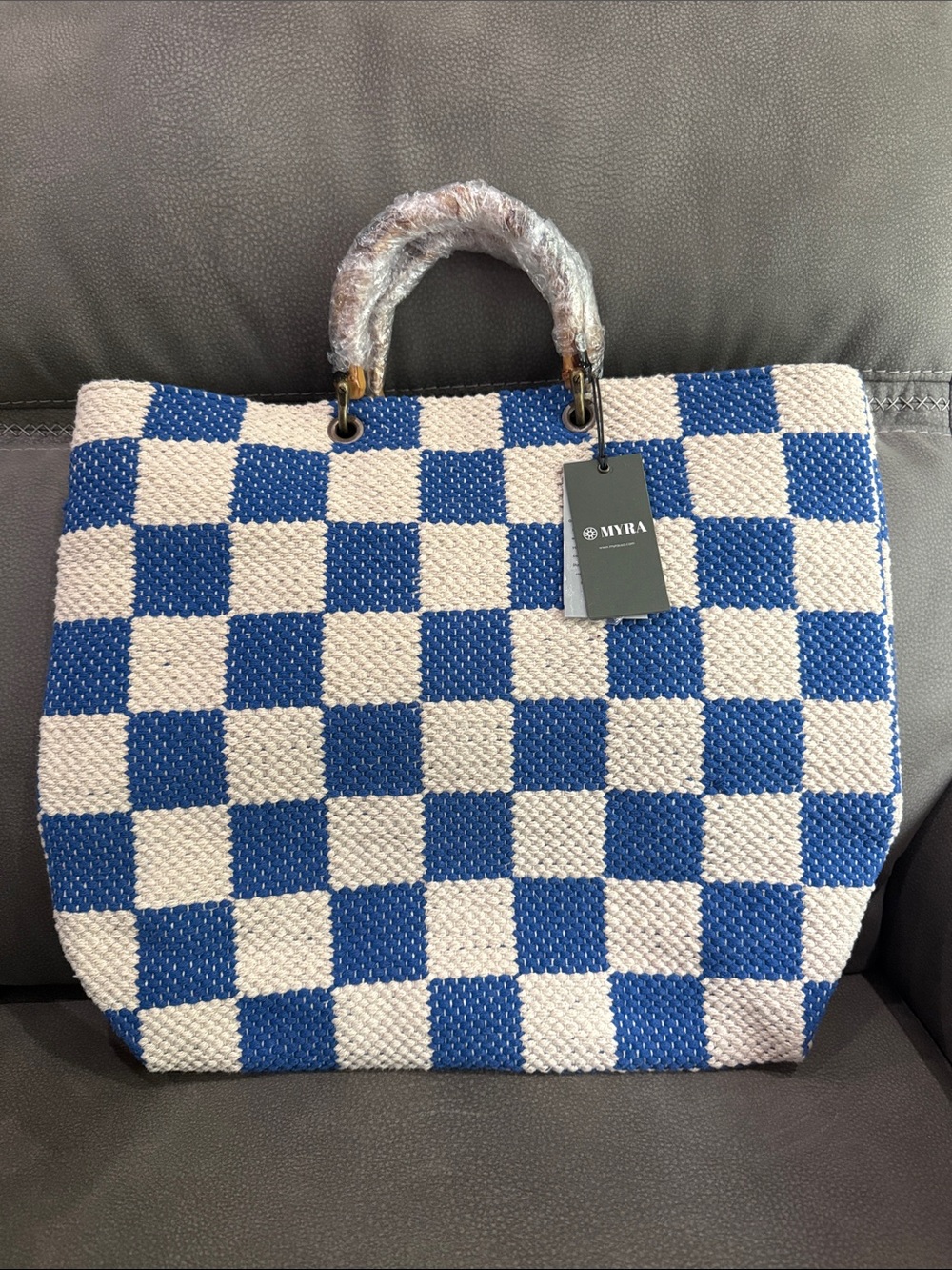 Myra Bag Blue & White Checker Tote with Wrapped Top Handles